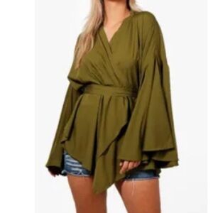 Boohoo Olive Green Wrap Blouse